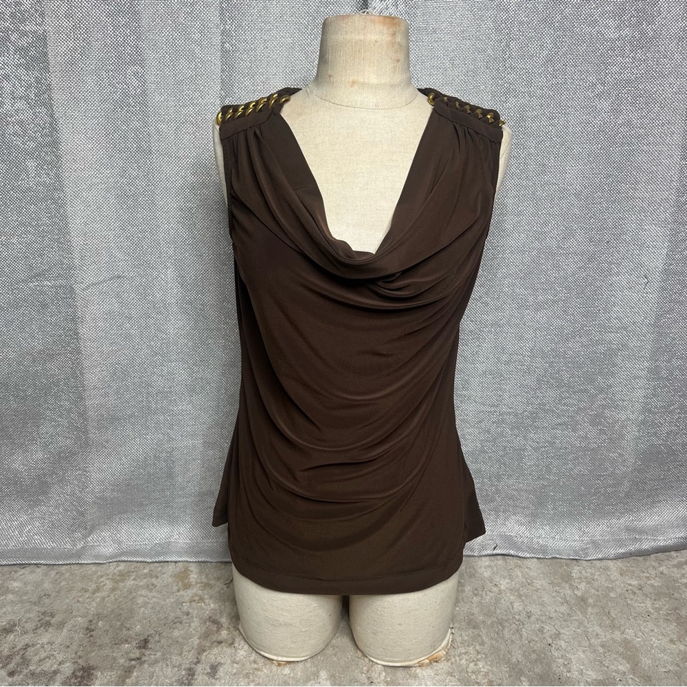 NY Collection Brown Draped Blouse with Chain Accents - Picture 1 of 8
